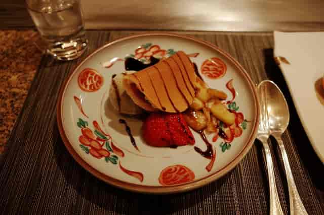 Elegant layered cake dessert with strawberries at Teppanyaki Restaurant Sazanka.