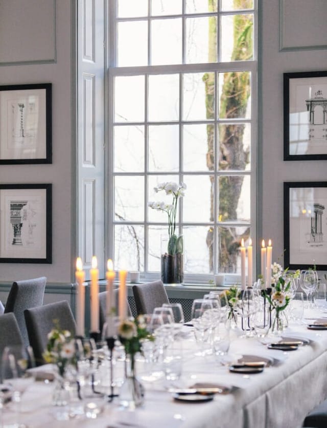 Elegant dining setup in Regents Room, The Dylan Amsterdam for upscale events.