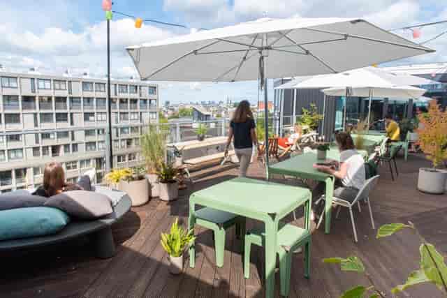 Rooftop Terrace in Zoku Amsterdam, modern space for networking and casual meetings.