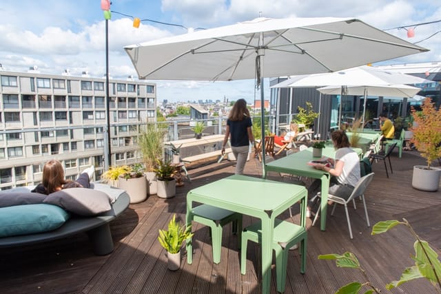 Rooftop Terrace in Zoku Amsterdam, modern space for networking and casual meetings.