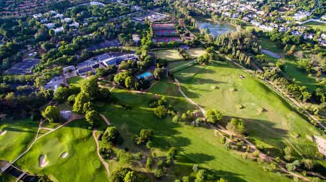 Aerial view of lush Bryanston Country Club golf course for outdoor corporate events.