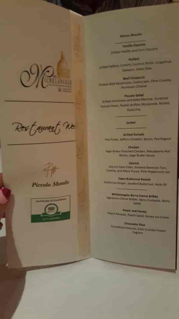 Upscale dining menu at Piccolo Mondo, The Michelangelo Hotel for corporate events.
