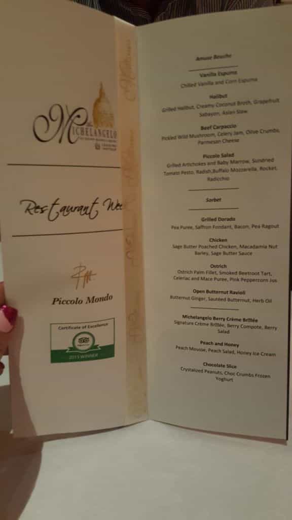 Upscale dining menu at Piccolo Mondo, The Michelangelo Hotel for corporate events.