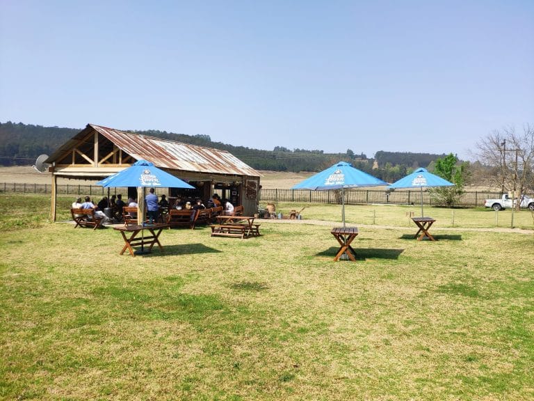 Beer garden at Riversands Farm, rustic venue for outdoor gatherings and team-building events.
