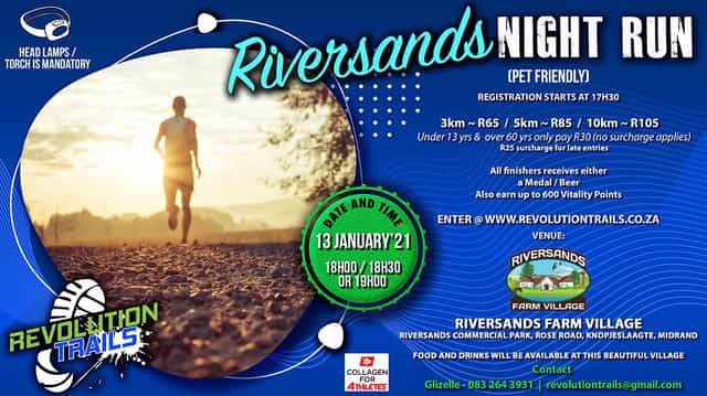 Event Space promo poster for Riversands Night Run with race details and medals.
