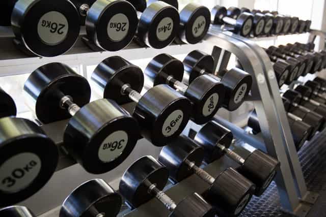 Dumbbell rack in Palmyra Room, ideal for fitness events and wellness retreats.