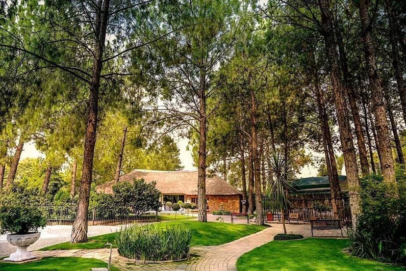 Outdoor event venue with lush greenery, ideal for corporate retreats and gatherings.