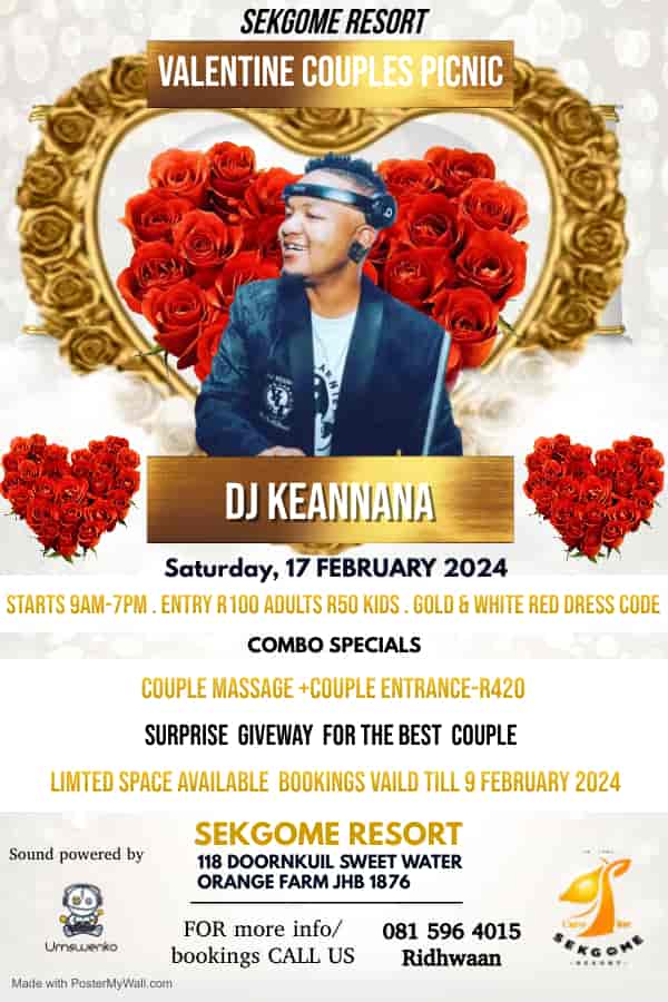 Valentine's Couples Picnic at Sekgome Resort with heart motif and DJ entertainment.
