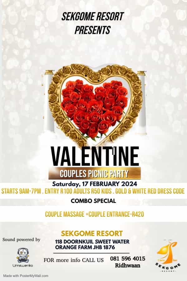 Valentine's Couples Picnic Party flyer at Glass Hall with rose heart design.