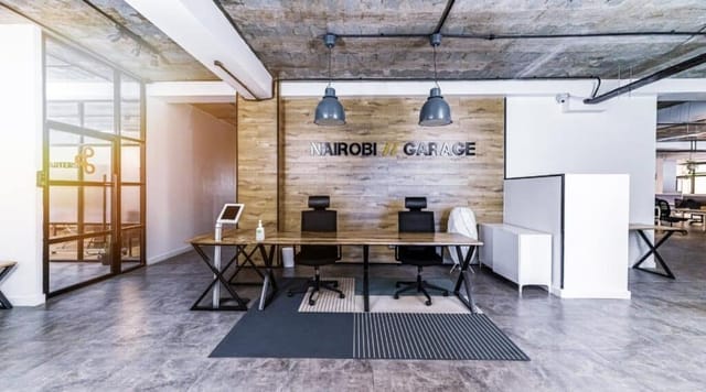 Modern coworking space in Nairobi Garage, ideal for workshops and corporate events.