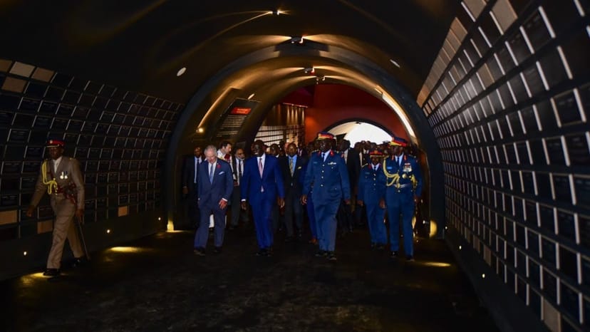 Tunnel of Martyrs corridor in Uhuru Gardens during a VIP ceremony with elegant lighting.