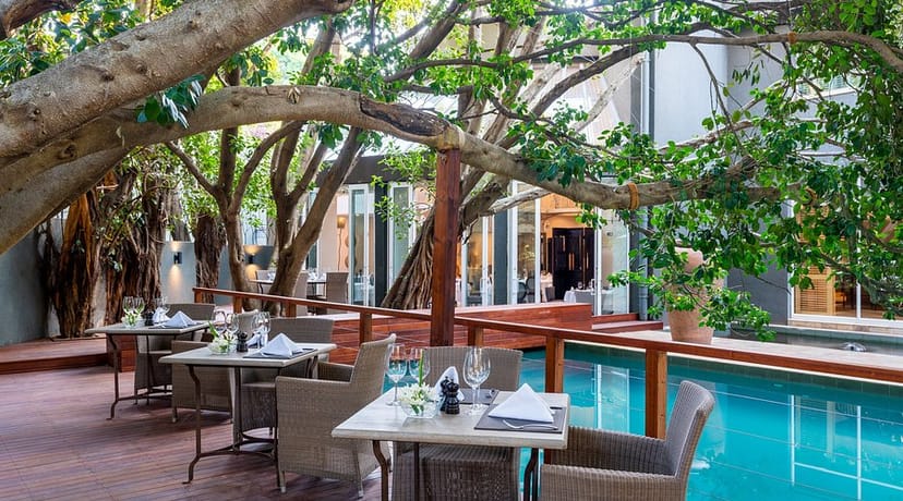 Outdoor event space at Saxon Hotel, featuring lush greenery for intimate gatherings.