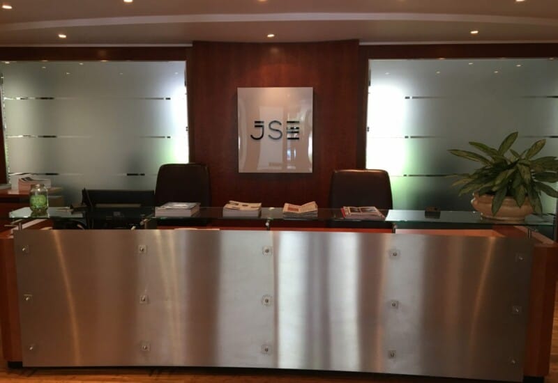 JSE Foyer reception area with frosted glass, ideal for corporate events and meetings.