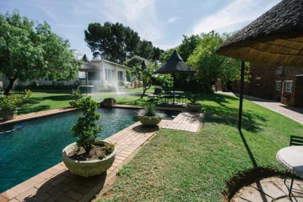 Masai Mara venue with lush greenery and tranquil pool for events and gatherings.