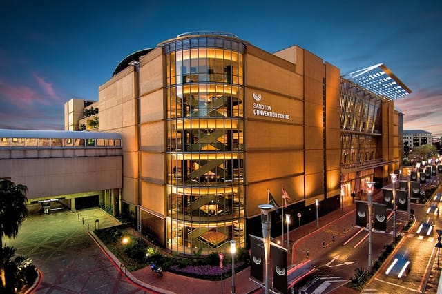 "Modern Sophiatown convention center exterior, perfect for conferences and exhibitions."