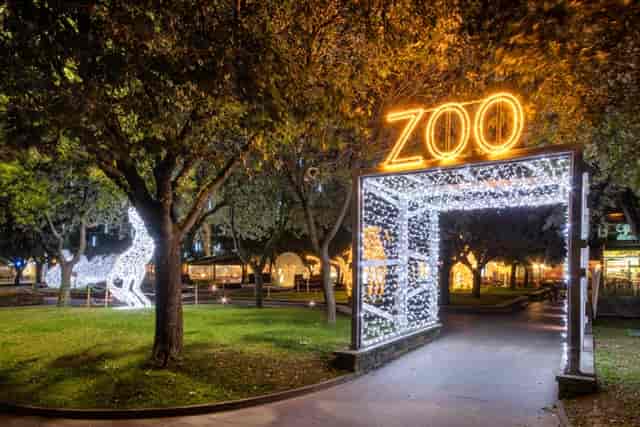 Illuminated Bandstand entrance at Joburg Zoo, perfect for festive family events.