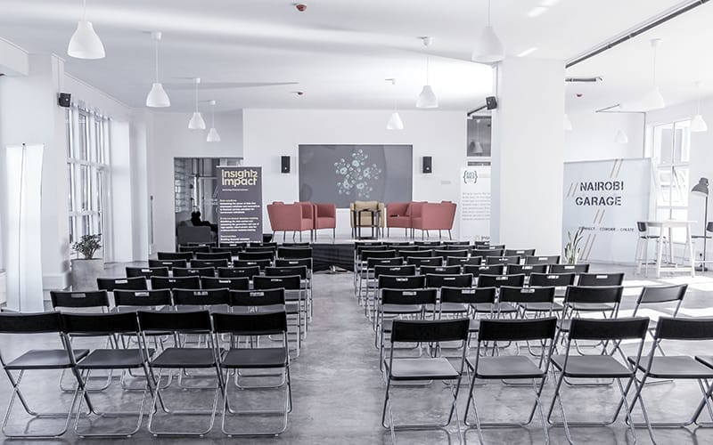 Modern event space in Nairobi Garage, ideal for presentations and discussions.