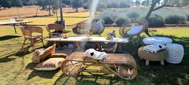 Outdoor lounge area with stylish seating for networking events and gatherings.