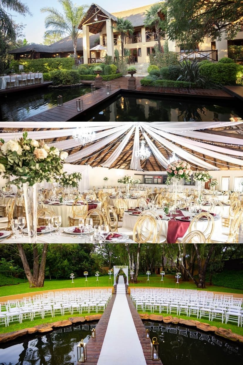 Elegant event space with round tables, floral centerpieces for weddings and corporate events.