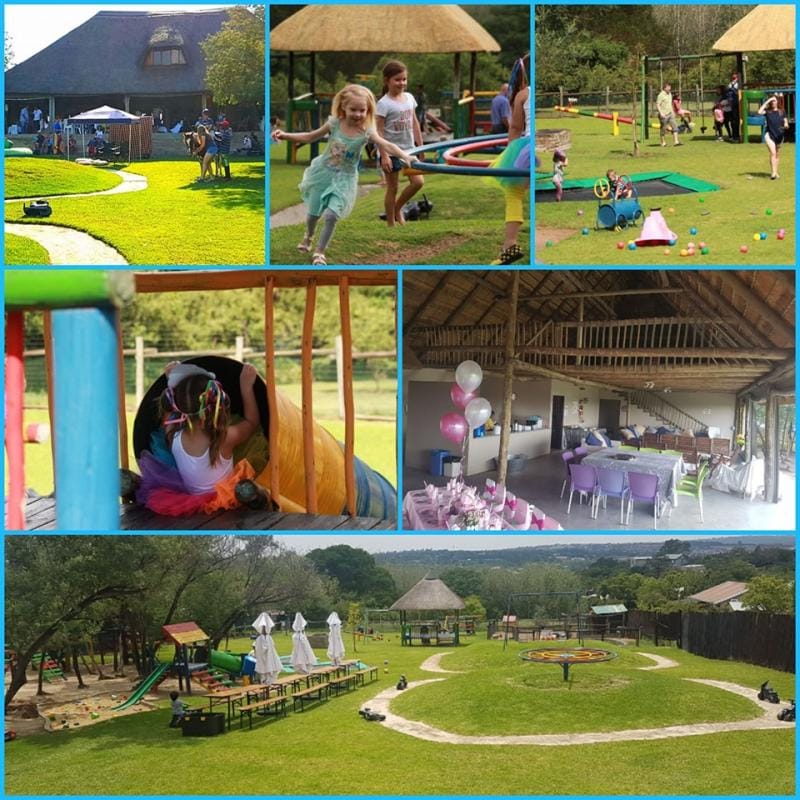Jumping castles in lush outdoor event space for family gatherings and children's parties.