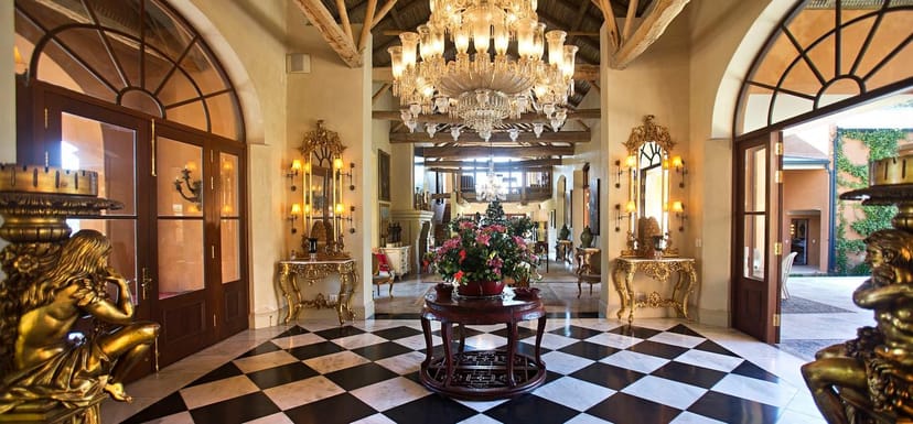 Luxurious venue entrance with checkerboard floor, ideal for upscale events and receptions.