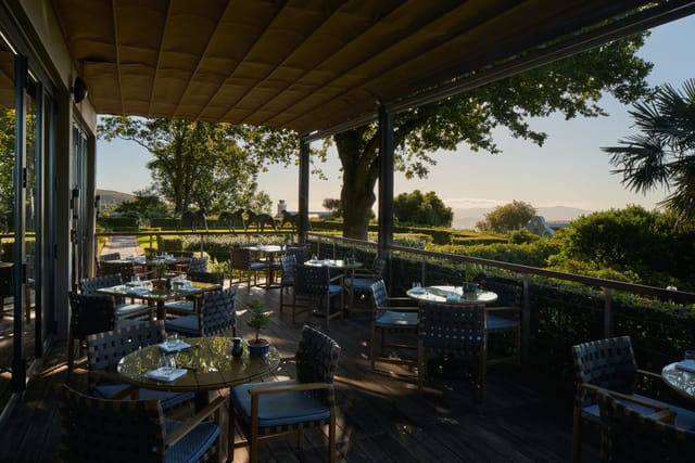 Elegant outdoor dining area at Hōseki, perfect for networking breakfasts and gatherings.