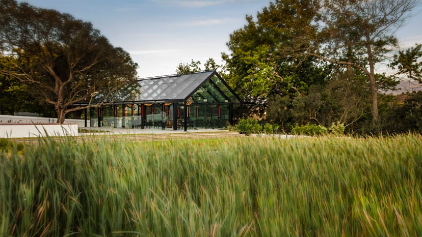 Modern glass pavilion at Hazendal Wine Estate, perfect for outdoor events and retreats.