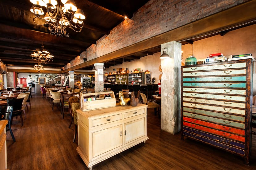 Stylish restaurant in The Brasserie with rustic decor, perfect for intimate events.