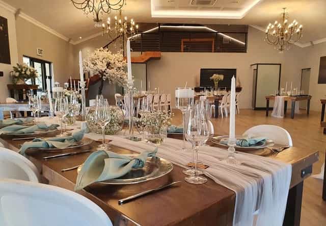Elegant banquet setup in Eikenhof Estate for upscale weddings and corporate events.
