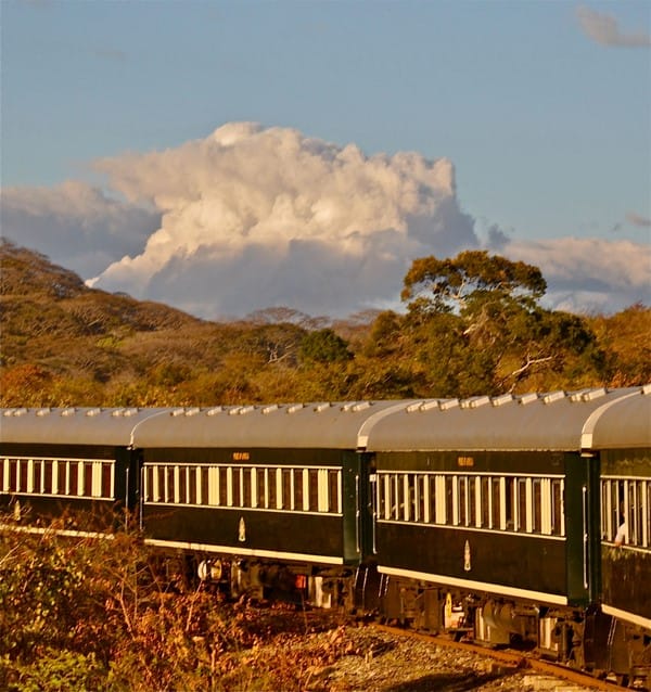Scenic Rovos Rail train with vintage carriages for corporate retreats and themed events.
