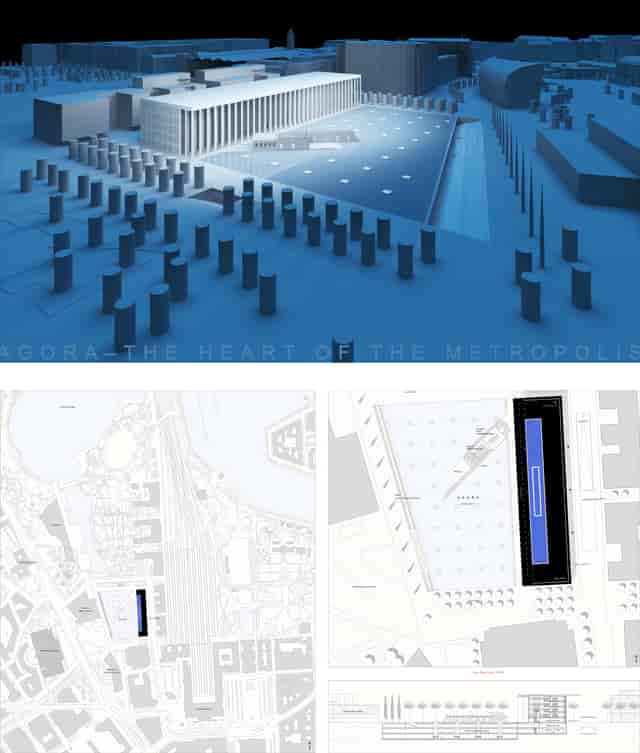 Helsinki University Agora event space design with modern cylindrical structures for gatherings.