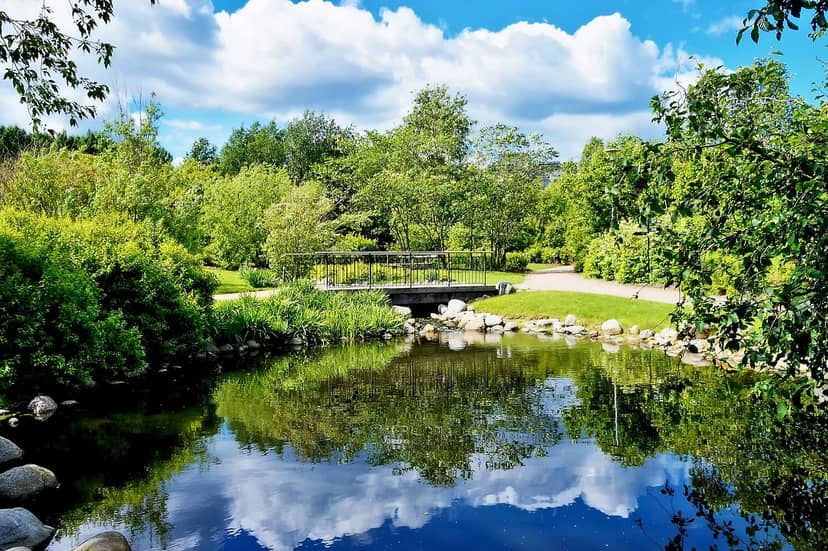 Botanic Garden Kumpula with lush greenery, pond, perfect for outdoor events and ceremonies.