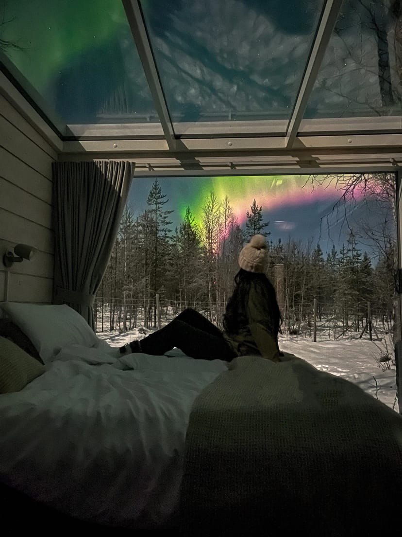 "Aurora borealis view from Sky View Cabin, ideal for retreats and team-building events."