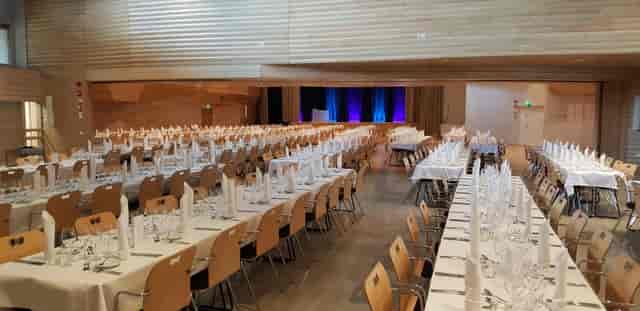 Sief Hall banquet setup with elegant tables, ideal for large events and networking.