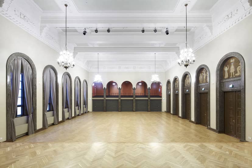 Helsinki City Museum lobby, elegant venue with ornate fixtures for events and meetings.