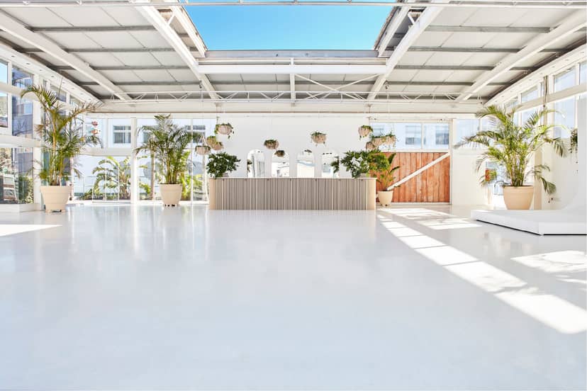 Bright indoor rooftop event space with greenery, ideal for meetings and workshops.
