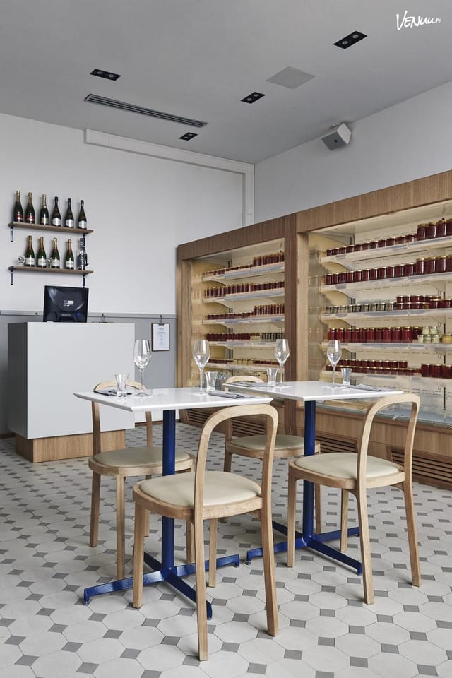 Modern dining space at Finlandia Caviar for events and networking lunches.