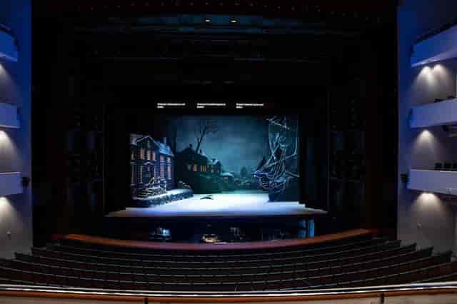 Almi Hall Foyer: winter-themed stage set for theatrical productions and gala events.