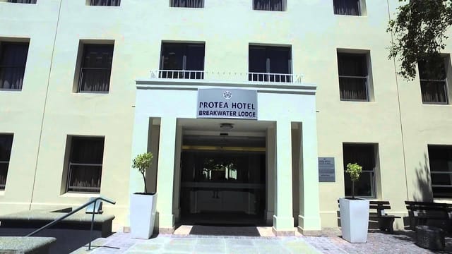 Entrance of Breakwater Lodge, elegant facade for corporate events and meetings.