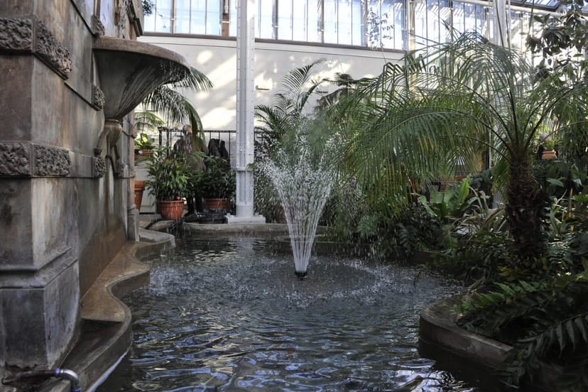 Serene winter garden fountain with lush greenery, ideal for events and gatherings.