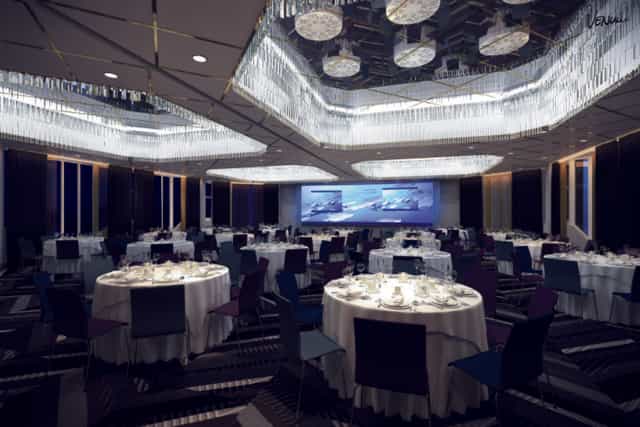 Elegant banquet hall in Hilton Helsinki Strand for corporate events and social gatherings.