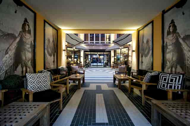 Stylish event space at Hotel F6 with modern decor for networking and social gatherings.