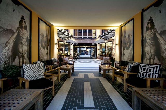 Stylish event space at Hotel F6 with modern decor for networking and social gatherings.