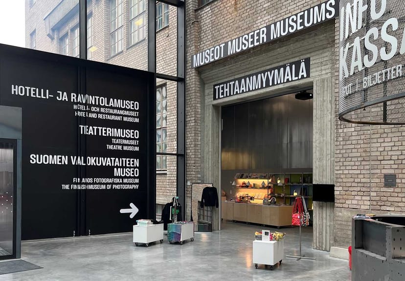 Galleries at Kaapelitehdas entryway, ideal for conferences and exhibitions.