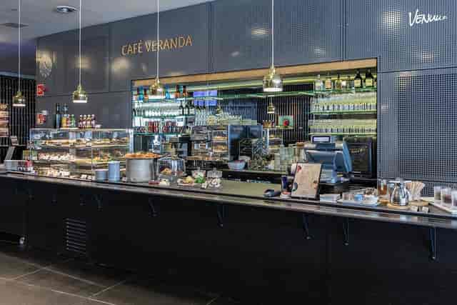 Modern café in Finlandia Hall for networking breaks with snacks and refreshments.