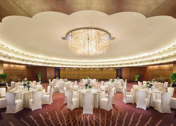 Grand Ballroom at Shangri-La Beijing, elegant chandelier; perfect for weddings and galas.