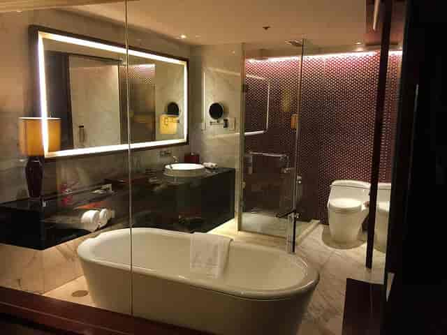 Modern hotel bathroom at R & F 8, Renaissance Beijing - luxury accommodations for events.