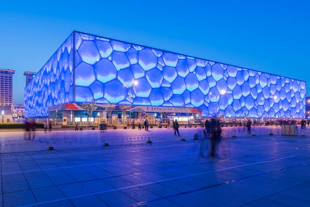 South Square, Water Cube venue in blue light, ideal for conferences and exhibitions.