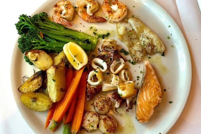 Gourmet seafood dish at Il Fornaio for upscale corporate events and networking dinners.