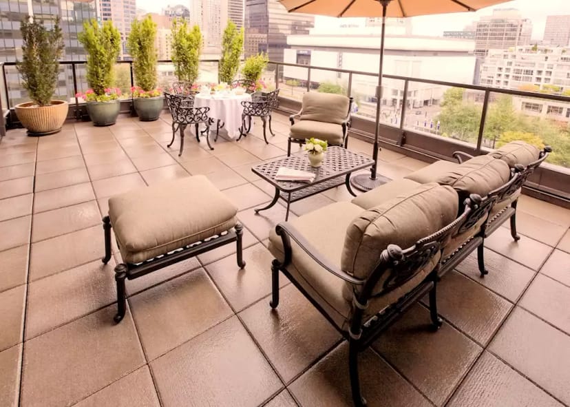 Stylish outdoor terrace at Wedgewood Hotel for meetings and cocktail receptions